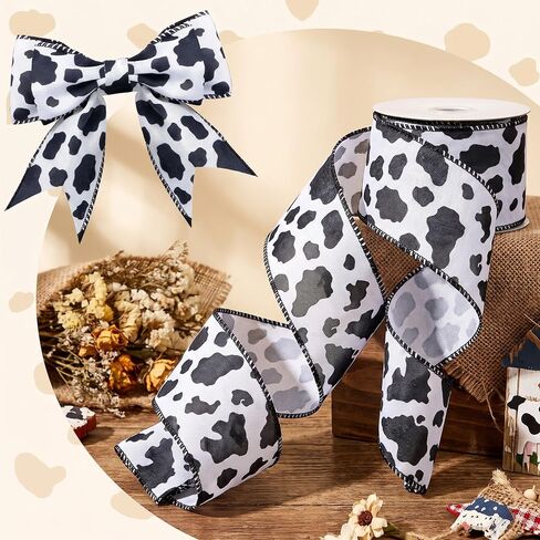 2 Rolls 20 Yards Cow Print Ribbon Cow Print Wired Edge Ribbon Cow Spot Pattern Ornaments Fabric Ribbons for Wreaths, Wrapping, Crafting, Christmas, Home Party (2.5 inch Width, Black and White) in Kuwait