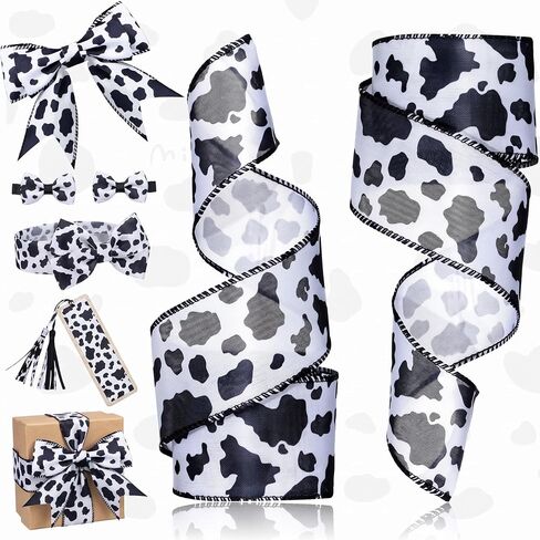 2 Rolls 20 Yards Cow Print Ribbon Cow Print Wired Edge Ribbon Cow Spot Pattern Ornaments Fabric Ribbons for Wreaths, Wrapping, Crafting, Christmas, Home Party (2.5 inch Width, Black and White) in Kuwait