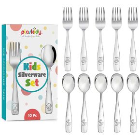 PLASKIDY Kids Silverware Stainless Steel Set of 10 Toddler Utensils Forks and Spoons - Dishwasher Safe Kids Flatware Set Children's Safe Cutlery Set in Kuwait