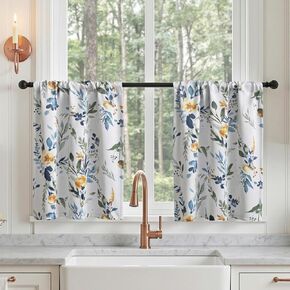 MYSKY HOME Floral Kitchen Tier Cafe Curtains 24 Inch Length 2 Panels Privacy Small Window Treatments Rod Pocket for Bathroom Basement, Yellow and Blue, 30 inch Wide in Kuwait