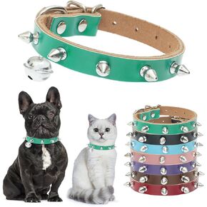 BINGPET Spiked Leather Cat Collar with Bells, Studded Dog Collar with Buckle, Soft Goth Kitten Collars with Spikes Adjustable, Punk Gothic Pet Accessories for Small Dog Puppies, Green 7.9 "- 10.2" in Kuwait