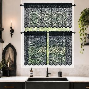 Black Lace Kitchen Curtains Tier and Valance Set 3 Pieces Elegant Gothic Cafe Curtains with Valance 36 Inch Length Rod Pocket Witchy/Skull /Halloween Decor for Laundry Room Bathroom RV, 52" x 36" in Kuwait