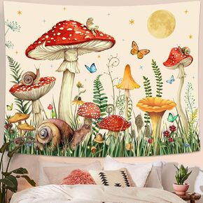 Zussun Red Mushroom Tapestry Moon Star Tapestries for Bedroom Aesthetic Beige Starry Night Green Plant Tapastrys Wall Hanging Butterfly Snail Frog Wall Tapestry for Living Room Dorm (Beige, 48" x 36") in Kuwait