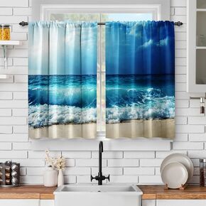 Jekeno Ocean Beach Kitchen Curtains - Summer Blue Ocean Tropical Sea Sky View Beach Print Decor Home Bedroom Living Room Rod Pocket Window Drapes 2 Panels Set, 56"x36" in Kuwait