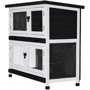 2 Story Solid Wood Rabbit/Bunny Hutch with 2 Large Main Rooms, Indoor Outdoor Rabbit House Guinea Pig Cage Pet House for Small Animals with Ventilation Door Removable Tray Waterproof Roof (Grey) in Kuwait