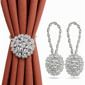 Mikomer 2PCS Magnetic Curtain Tiebacks European Style Sparkling Flower Window Curtain Bind Holdback Buckles Clips Tie Backs Drapery Holders with Stretchable Spring Wire Rope for Decoration,Silvery in Kuwait