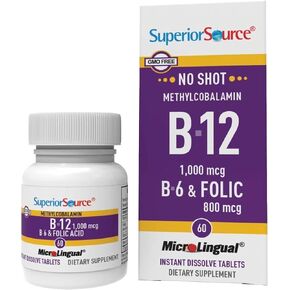 Superior Source No Shot Vitamin B12 Methylcobalamin (10000 mcg), B6, Folic Acid, Quick Dissolve MicroLingual Tablets, 30 Ct, Increase Energy, Healthy Heart, Boost Metabolism, Stress Support, Non-GMO in Kuwait