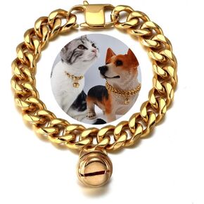 18K Gold Cat Dog Collar Kitten Puppy wide Stainless Steel Kitten Choker Cubia Zirconia Curb Chew proof Cuban Link 8mm Chain with Gold Bell in Kuwait