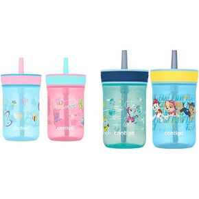 Contigo Leighton Kids Plastic Water Bottle, Spill-Proof Tumbler with Straw for Kids, Dishwasher Safe, 14oz 2-Pack, Blue Raspberry/Butterflies & Azalea/Llamas in Kuwait