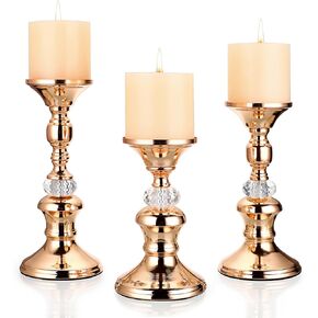 OwnMy Set of 2 Gold Metal Pillar Candlestick Holders Vintage Brass Pillar Candle Holders, 8.3" H Elegant Metal Crystal Pillar Candle Stands for Wedding Table Centerpiece Fireplace Home Candle Decor in Kuwait