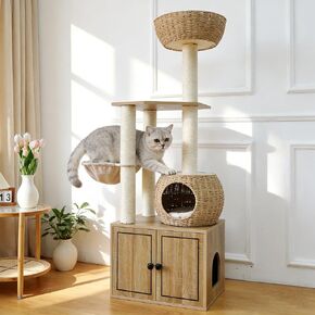 Pawlabay Wood Cat Tree for Indoor Cats, 52.4 Inch Tall, with Scratching Post and Hammock in Kuwait