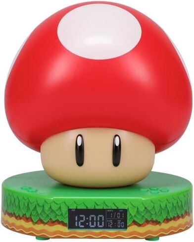 Paladone Super Mario Bros Mushroom Digital Alarm Clock with Power Up Game Sound and Night Light Glow, Licensed Nintendo Lamp for Kids Themed Bedroom and Bedside - 13.7 cm in Kuwait