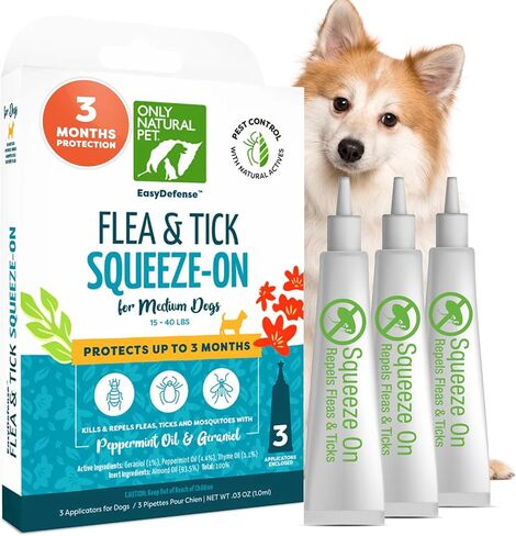 Flea and Tick Prevention for Medium Breed Dogs (15 to 40 lbs) - EasyDefense Flea Remedy - Natural Flea Treatment Control Herbal Squeeze-On Drops - Three Month Supply by Only Natural Pet in Kuwait