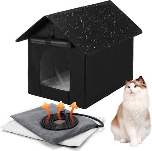 Midollarle Heated Outdoor Cat House Double Door Heated Cat Shelter, Weatherproof Foldable Heated Kitty House with Cat Heating Pad Bed for Feral Barn Cat Kitty Puppy (with Instructions) in Kuwait