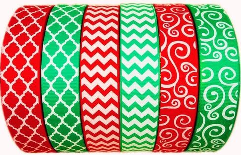 Christmas Ribbon 6 Yards(6 X 1 Yard) 1 Inch Red Green Grosgrain Ribbon Christmas Festival Pattern Printed in Kuwait