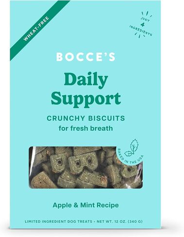 علاجات الدعم اليومي للتنفس من Bocce's Bakery للكلاب، علاجات الكلاب الخالية من القمح، مصنوعة من مكونات حقيقية، مخبوزة في الولايات المتحدة الأمريكية، تدعم صحة الفم، بسكويت التفاح والنعناع الطبيعي بالكامل، 12 أونصة in Kuwait