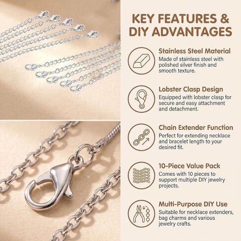 10 Pieces Necklace Extenders Chain Necklace with Adjustable Lobster Clasp for Necklace Bracelet DIY Jewelry Making Findings in Kuwait