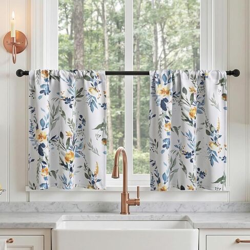 MYSKY HOME Floral Kitchen Tier Cafe Curtains 24 Inch Length 2 Panels Privacy Small Window Treatments Rod Pocket for Bathroom Basement, Yellow and Blue, 30 inch Wide in Kuwait
