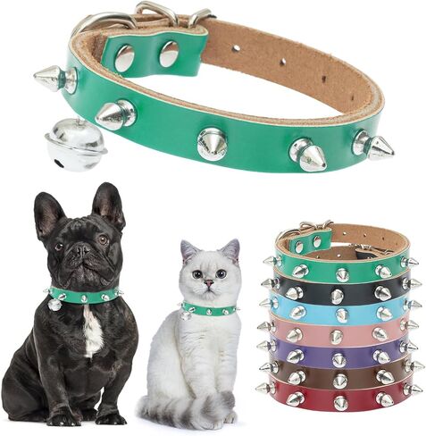 BINGPET Spiked Leather Cat Collar with Bells, Studded Dog Collar with Buckle, Soft Goth Kitten Collars with Spikes Adjustable, Punk Gothic Pet Accessories for Small Dog Puppies, Green 7.9 "- 10.2" in Kuwait