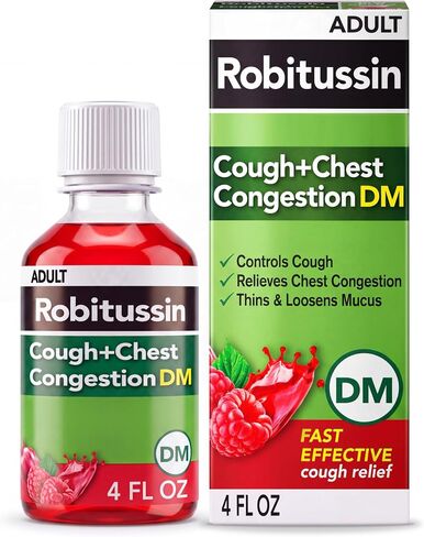 Robitussin Cough and Chest Congestion DM, Cough Suppressant and Expectorant, Raspberry Flavor - 4 Fl Oz Bottle in Kuwait