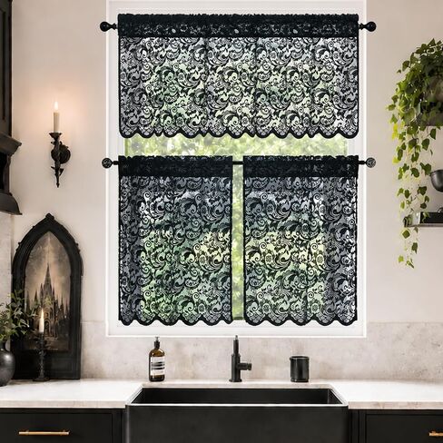 Black Lace Kitchen Curtains Tier and Valance Set 3 Pieces Elegant Gothic Cafe Curtains with Valance 36 Inch Length Rod Pocket Witchy/Skull /Halloween Decor for Laundry Room Bathroom RV, 52" x 36" in Kuwait