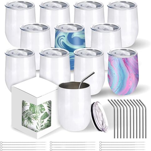 BetterSub 8 Pack 12oz Sublimation Glitter Pink Wine Tumblers Double Wall Insulated Sublimation Blanks Tumblers, Stainless Steel Sublimation Cups with Lid, Metal Straw, Brush, Display Box in Kuwait