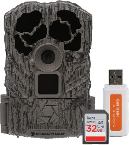 Stealth Cam Browtine بدقة 16 ميجابكسل، ومتينة، ونطاق كشف بالأشعة تحت الحمراء بطول 60 قدمًا، وحزمة كاميرا تريل ذات وضع الاندفاع مع قارئ بطاقة USB 2.0 عالي السرعة، وبطاقة ذاكرة Ultra SDHC UHS-I سعة 32 جيجابايت (عبوتان) in Kuwait