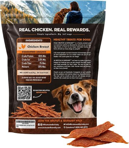 BRUTUS & BARNABY Chicken Jerky Dog Treats- Dehydrated Crunchy USA Premium Fillets, Grain-Free, Preservative-Free, No Fillers. All Natural Chicken Strips are Great for Dogs and Cats (10oz) in Kuwait