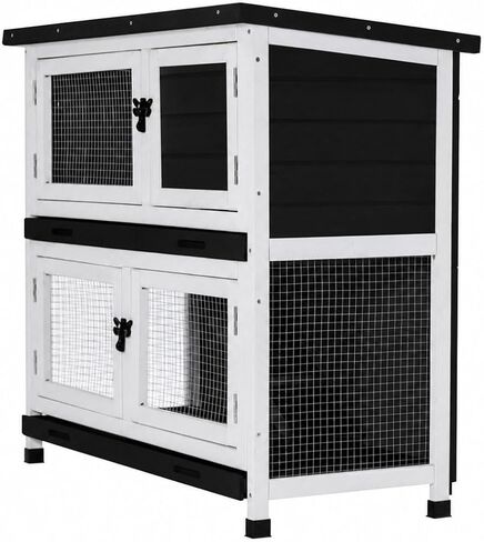 2 Story Solid Wood Rabbit/Bunny Hutch with 2 Large Main Rooms, Indoor Outdoor Rabbit House Guinea Pig Cage Pet House for Small Animals with Ventilation Door Removable Tray Waterproof Roof (Grey) in Kuwait
