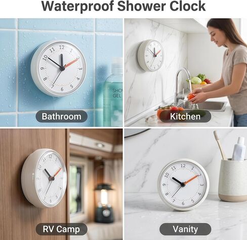 LXSZRPH ساعة دش صغيرة مقاومة للماء IP24 ساعة حائط شفط كأس الحمام ساعة أكريليك وجه شفط ساعة للحمام الحمام المطبخ (2 قطعة) in Kuwait