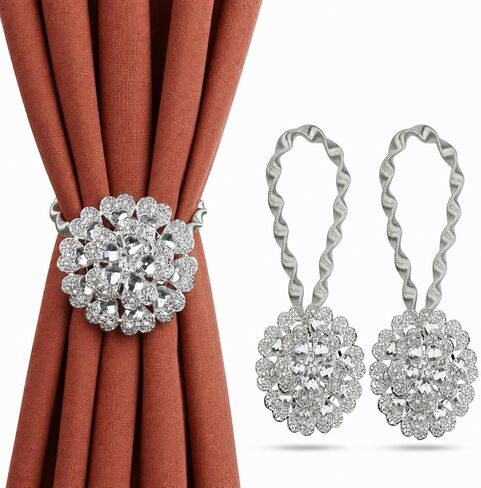 Mikomer 2PCS Magnetic Curtain Tiebacks European Style Sparkling Flower Window Curtain Bind Holdback Buckles Clips Tie Backs Drapery Holders with Stretchable Spring Wire Rope for Decoration,Silvery in Kuwait