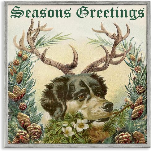 Stupell Industries Seasons Greetings Dog Wearing Antlers لوحة فنية جدارية مؤطرة بحدود نباتية، تصميم أليسيا لونجلي in Kuwait