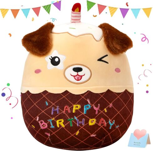 cozyworld 14 "عيد ميلاد كعكة الكلب أفخم وسادة لينة جرو أفخم لعبة لطيف الكلب محشوة الحيوان نجمة غمزة الوسائد مضحك ديكور غرفة المنزل هدية عيد ميلاد للأطفال الصغار البني. in Kuwait