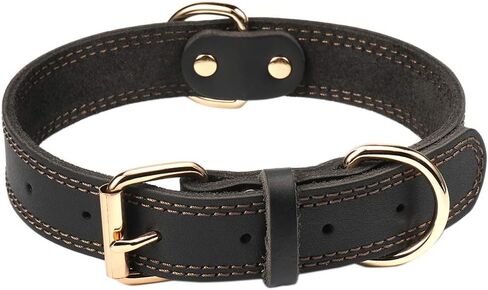 Leather Dog Collar, Heavy Duty Wide Dog Collar for Small,Medium,Large and Extra Large Dogs (M: 1" Wide for 15.2"-19.2" Neck, Dual Stitch - Brown) in Kuwait