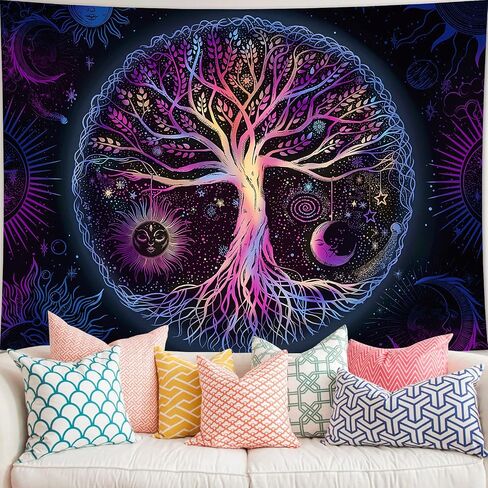 Tree of Life Tapestry Wall Hanging Aesthetic Sun and Moon Tapestry with Vintage Paisley Flowers Colorful Tree Wall Tapestry for Bedroom, Living Room, Dorm(53 x 61 inches, Multicolor) in Kuwait