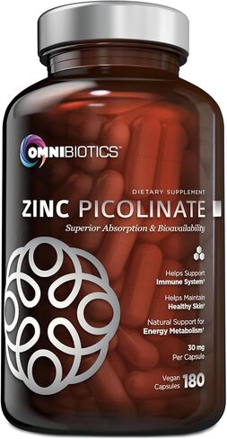 Zinc Picolinate 30 mg by OmniBiotics | Superior Absorption, Natural Support for Immune System and Energy Metabolism | Helps Maintain Healthy Skin | 30mg per Capsule Zinc Supplement| 180 Vegan Capsules in Kuwait