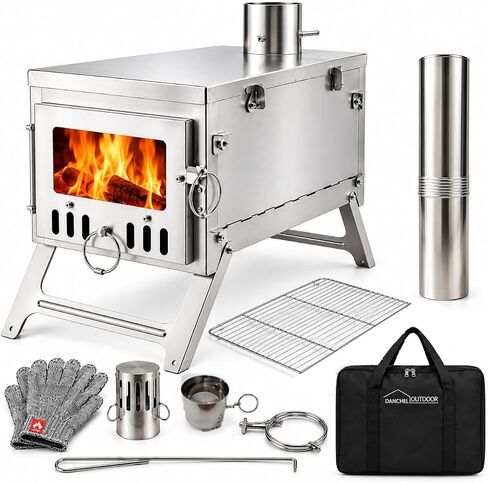 DANCHEL OUTDOOR S6/SSG Portable Tent Wood Burning Stove 304 Stainless Steel, Folding Tiny Hot Tent Stove Lightweight with 7.2ft Chimney for Backpacking, Winter Survival, Cooking in Kuwait
