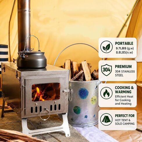 DANCHEL OUTDOOR S6/SSG Portable Tent Wood Burning Stove 304 Stainless Steel, Folding Tiny Hot Tent Stove Lightweight with 7.2ft Chimney for Backpacking, Winter Survival, Cooking in Kuwait