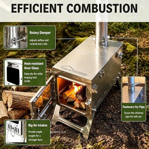 DANCHEL OUTDOOR S6/SSG Portable Tent Wood Burning Stove 304 Stainless Steel, Folding Tiny Hot Tent Stove Lightweight with 7.2ft Chimney for Backpacking, Winter Survival, Cooking in Kuwait
