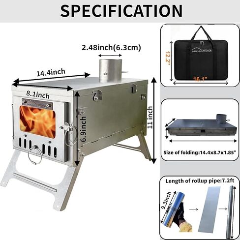 DANCHEL OUTDOOR S6/SSG Portable Tent Wood Burning Stove 304 Stainless Steel, Folding Tiny Hot Tent Stove Lightweight with 7.2ft Chimney for Backpacking, Winter Survival, Cooking in Kuwait