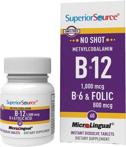 Superior Source No Shot Vitamin B12 Methylcobalamin (10000 mcg), B6, Folic Acid, Quick Dissolve MicroLingual Tablets, 30 Ct, Increase Energy, Healthy Heart, Boost Metabolism, Stress Support, Non-GMO in Kuwait