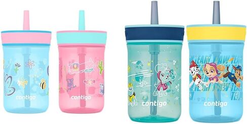 Contigo Leighton Kids Plastic Water Bottle, Spill-Proof Tumbler with Straw for Kids, Dishwasher Safe, 14oz 2-Pack, Blue Raspberry/Butterflies & Azalea/Llamas in Kuwait