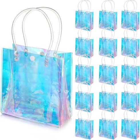 Sherr 16 Pcs Holographic Small Gift Bag Reusable Iridescent Clear Bags for Women PVC Plastic Goodie Bags with Handles for Shopping Christmas Holiday Gift Party Favor(Rainbow, 7.87" x 7.87" x 3.15") in Kuwait