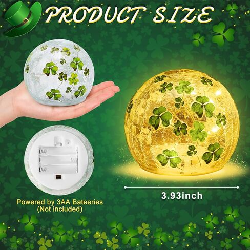 2 PCS St Patricks Day Decorations,3.15'' Lighted Glass Ball Tabletop Decor Crackle Led Night Light with Clover Pattern,Lighted Glass Spheres Decorative Balls Glass Orb Table Lamps in Kuwait