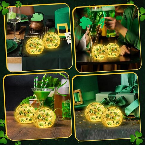 2 PCS St Patricks Day Decorations,3.15'' Lighted Glass Ball Tabletop Decor Crackle Led Night Light with Clover Pattern,Lighted Glass Spheres Decorative Balls Glass Orb Table Lamps in Kuwait