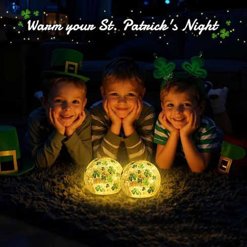 2 PCS St Patricks Day Decorations,3.15'' Lighted Glass Ball Tabletop Decor Crackle Led Night Light with Clover Pattern,Lighted Glass Spheres Decorative Balls Glass Orb Table Lamps in Kuwait
