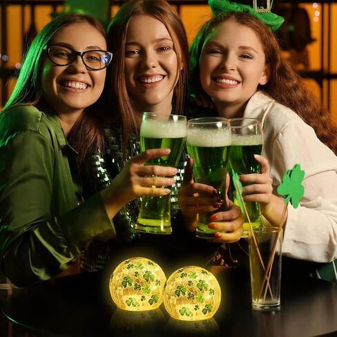 2 PCS St Patricks Day Decorations,3.15'' Lighted Glass Ball Tabletop Decor Crackle Led Night Light with Clover Pattern,Lighted Glass Spheres Decorative Balls Glass Orb Table Lamps in Kuwait