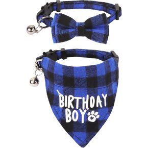 ADOGGYGO Birthday Cat Collars Breakaway with Bells, 2 Pack Cat Birthday Collar with Removable Bandana, Adjustable Plaid Cat Bandana Collar for Kittens Cats (Birthday) in Kuwait