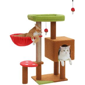 Mushroom Cat Tree with Sisal Scratching Posts, 35.4" Cute Cat Tower Cat Condo w/Large Green Top Perch, Soft Red Hammock, and Mushroom Dangling Ball, for Small-Medium Cats, Brown in Kuwait
