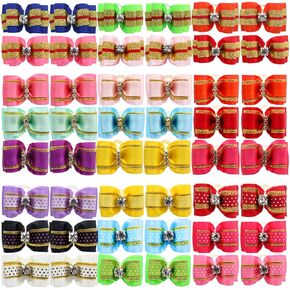 48PCS / 24 Pairs Adorable Grosgrain Ribbon Pet Dog Hair Bows with Rubber Bands - Puppy Topknot Cat Kitty Doggy Grooming Hair Accessories Bow Knots Headdress Flowers Set for Groomer in Kuwait